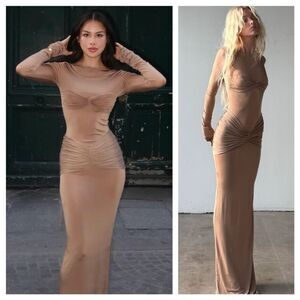 NWT Helsa Maxi Dress Tan Brown Josephine Long Sleeve size S